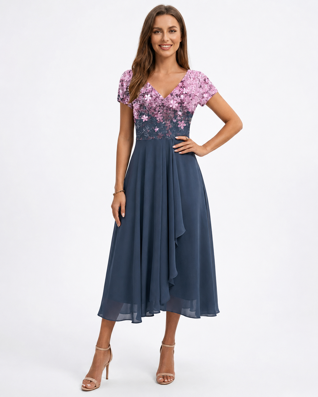 Kvinders Midi Kjole Blomstret Chiffon
