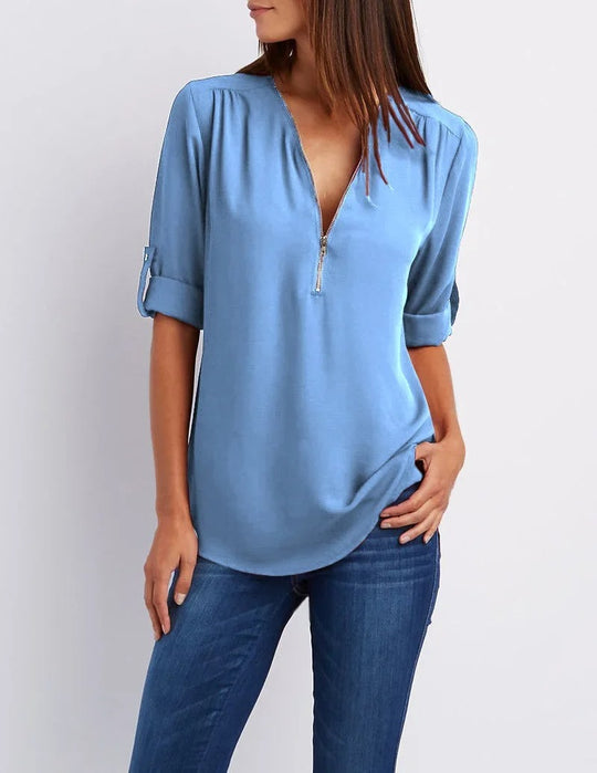 Chiffonbluse med dyb V-hals til kvinder