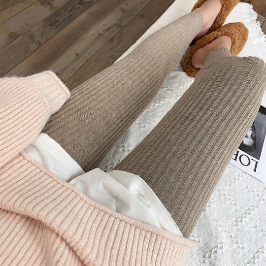 Strikkede ribbede leggings med høj talje til kvinder
