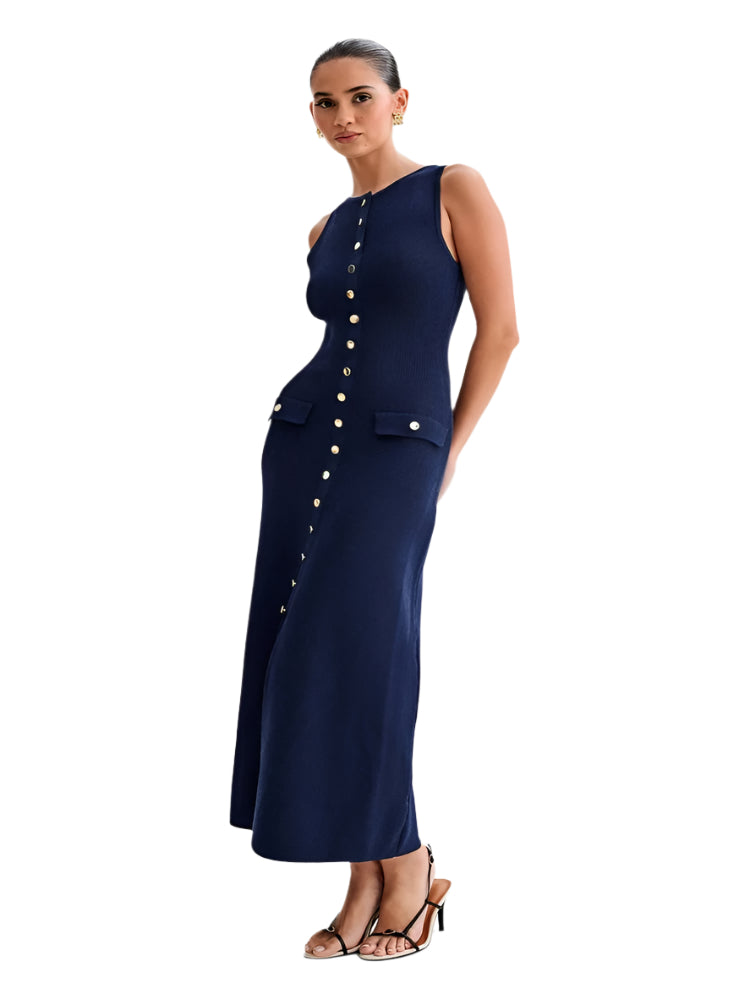 Kvinders strikket ærmeløs Button-Up Bodycon-kjole