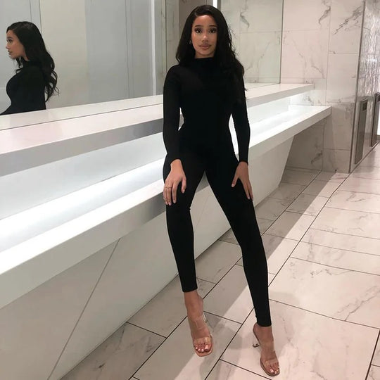 Dame elastisk langærmet jumpsuit