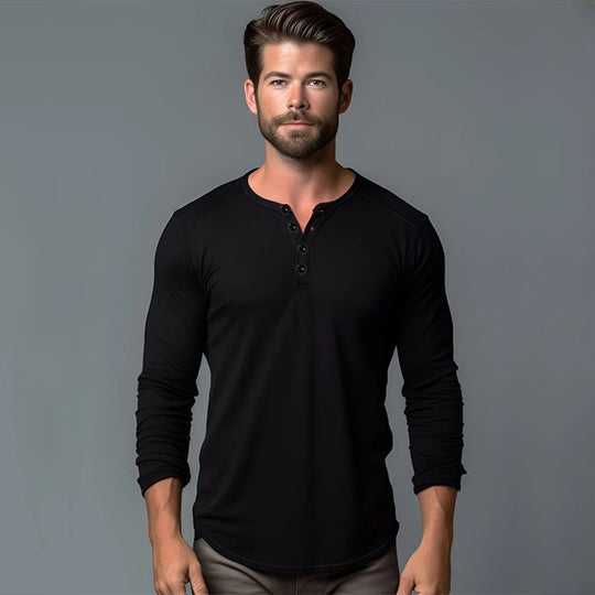 Langærmet T-shirt med Henley-hals til mænd