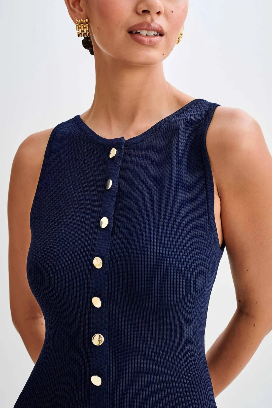 Kvinders strikket ærmeløs Button-Up Bodycon-kjole