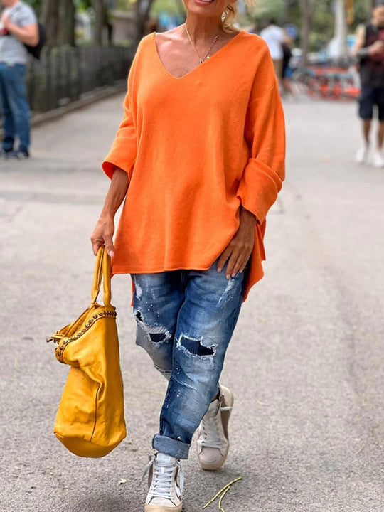 Strikket oversized sweater med V-hals