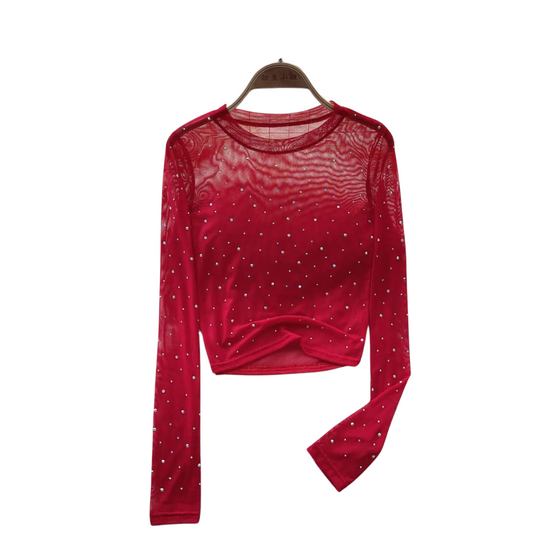 Dame Rhinestone Mesh langærmet Crop Top