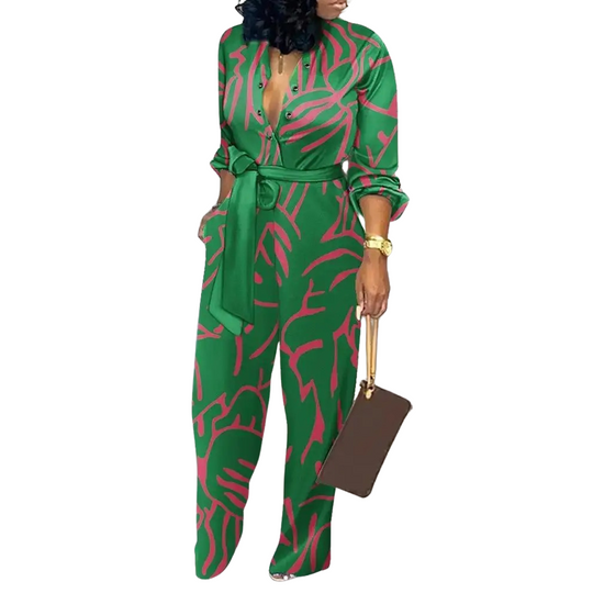 Modeprint V-hals med høj talje Jumpsuit