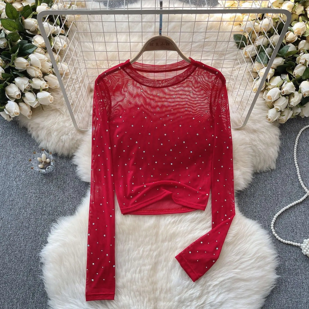 Dame Rhinestone Mesh langærmet Crop Top