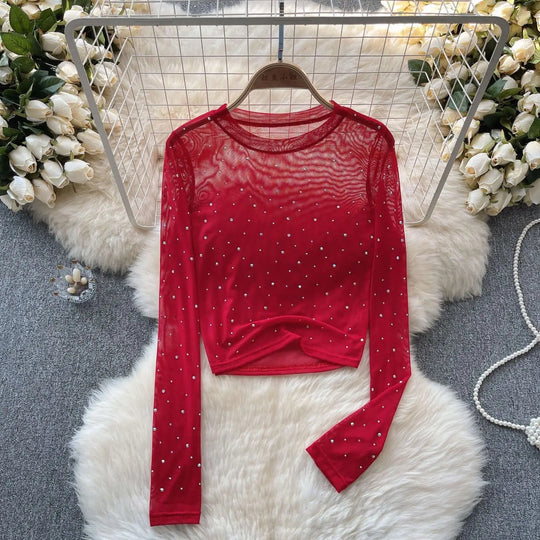 Dame Rhinestone Mesh langærmet Crop Top