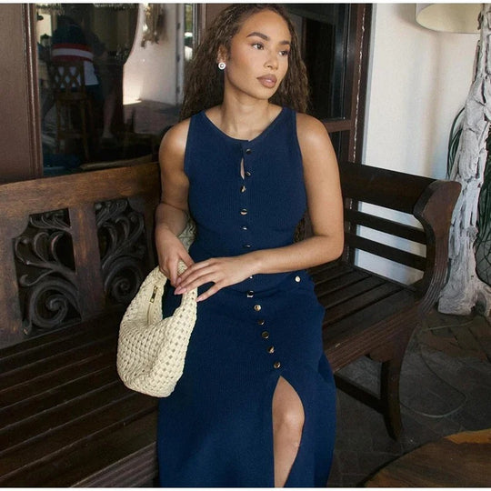 Kvinders strikket ærmeløs Button-Up Bodycon-kjole