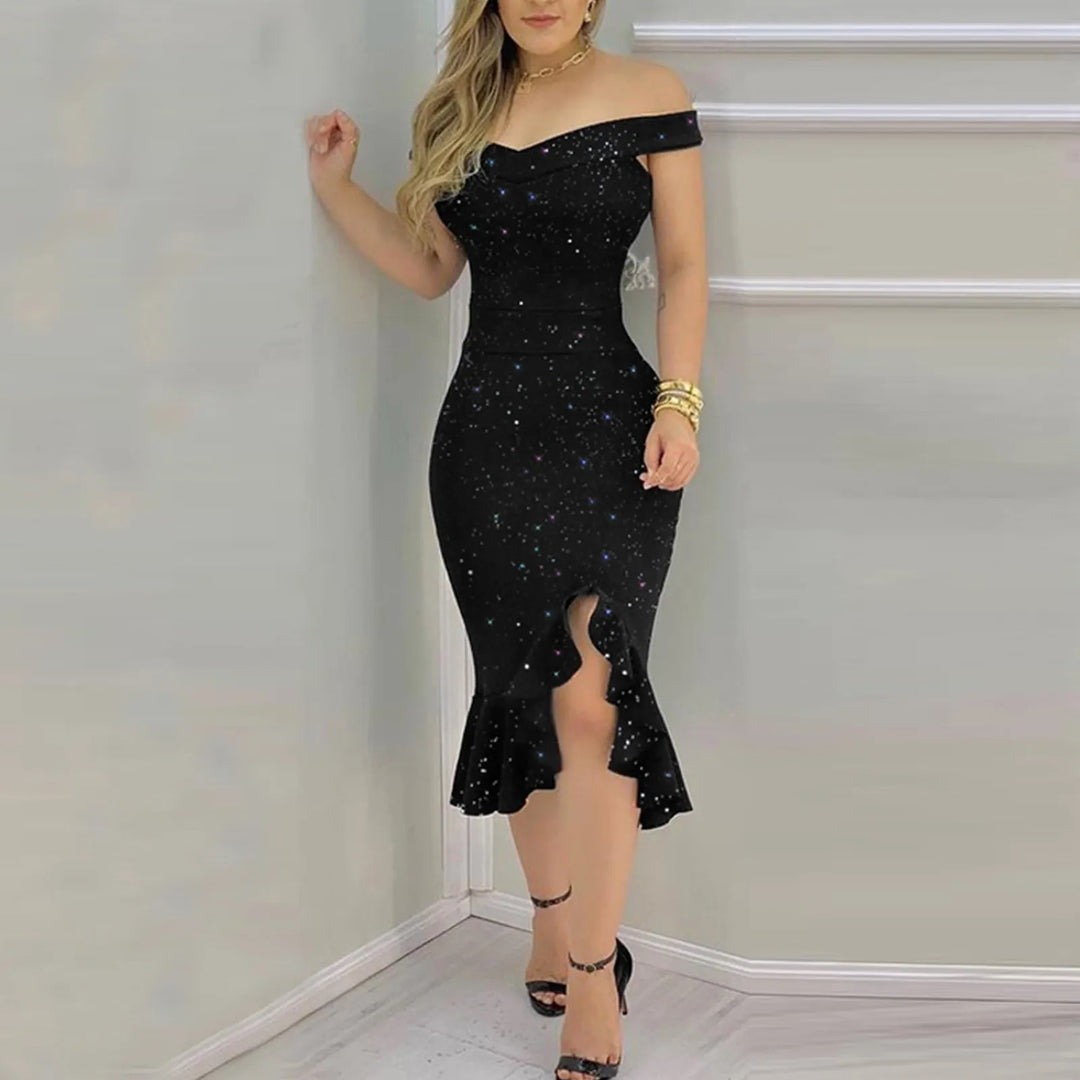 Off-shoulder chiffonkjole med pailletter og flæser til kvinder