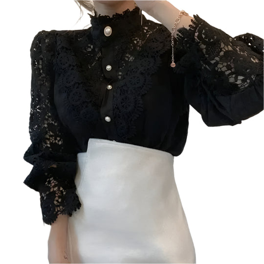 Blomsterbluse med hul blonder til kvinder