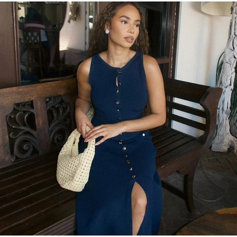 Strikket bodycon-kjole med knapper til kvinder