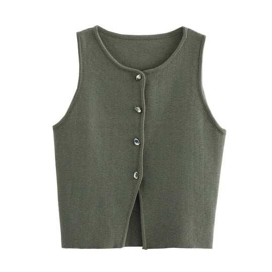 Strikket Crop Tank Top med knapper til kvinder