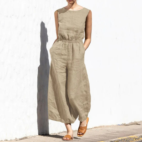 Jumpsuit med høj talje i bomuld og hør til kvinder