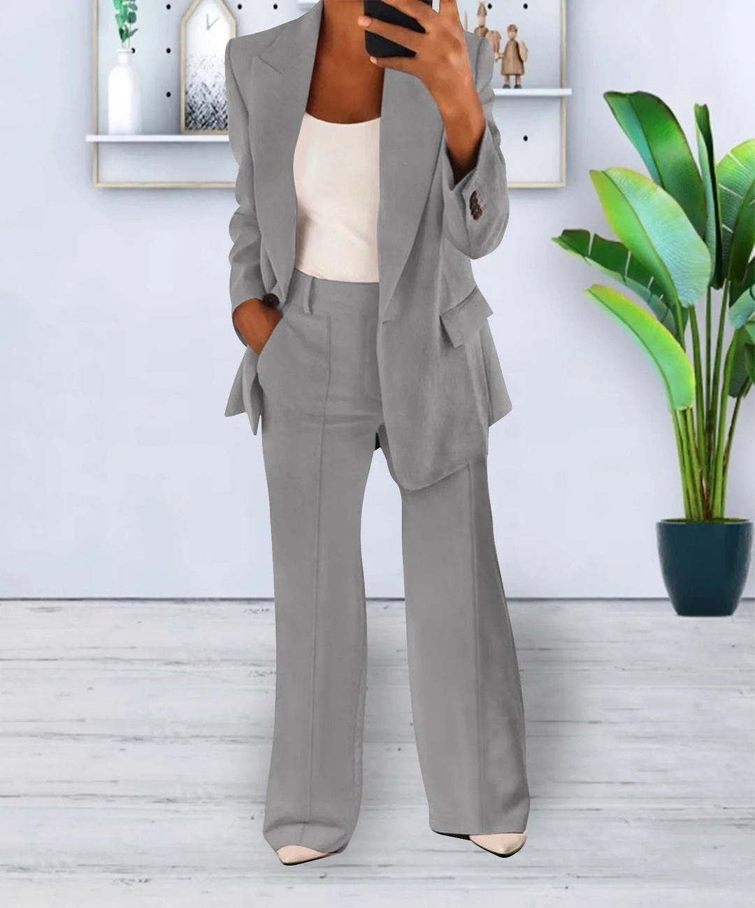 Variant image for Kvinders Afslappet Sæt Sort Moderne Polyester Blazer og Vidde Bukser-21