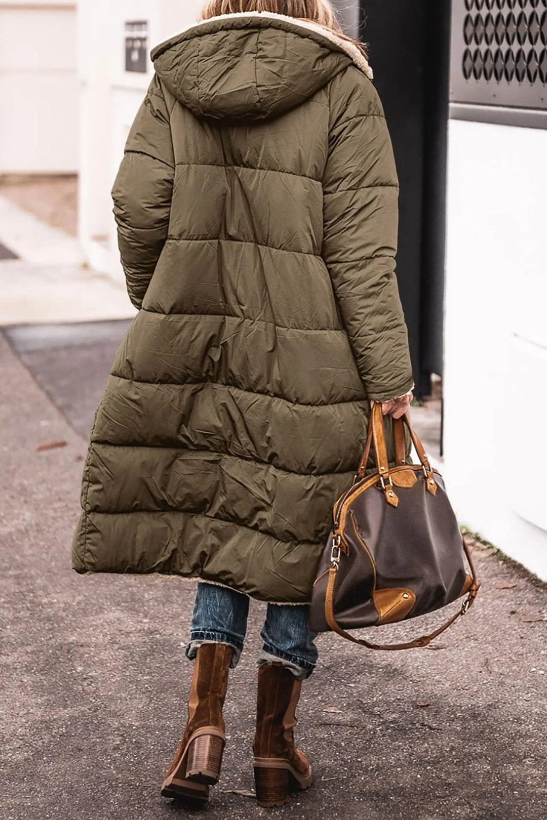 Dame Puffer Jakke Lang Sort Pelsfor Polyester Elegant Vinterjakke-5