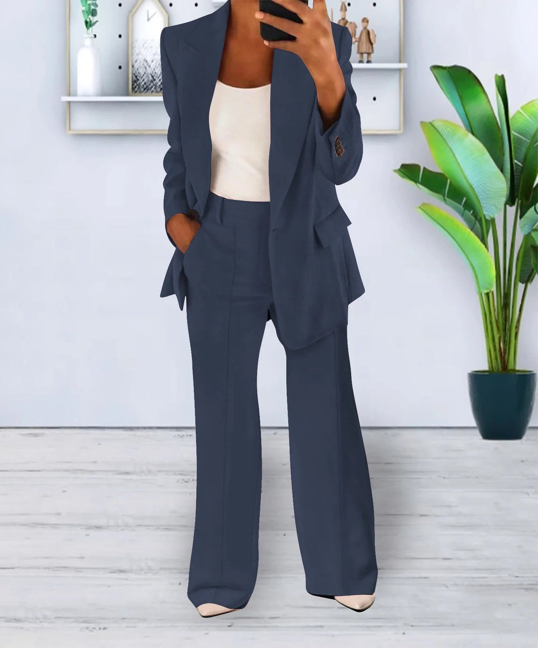 Variant image for Kvinders Afslappet Sæt Sort Moderne Polyester Blazer og Vidde Bukser-5